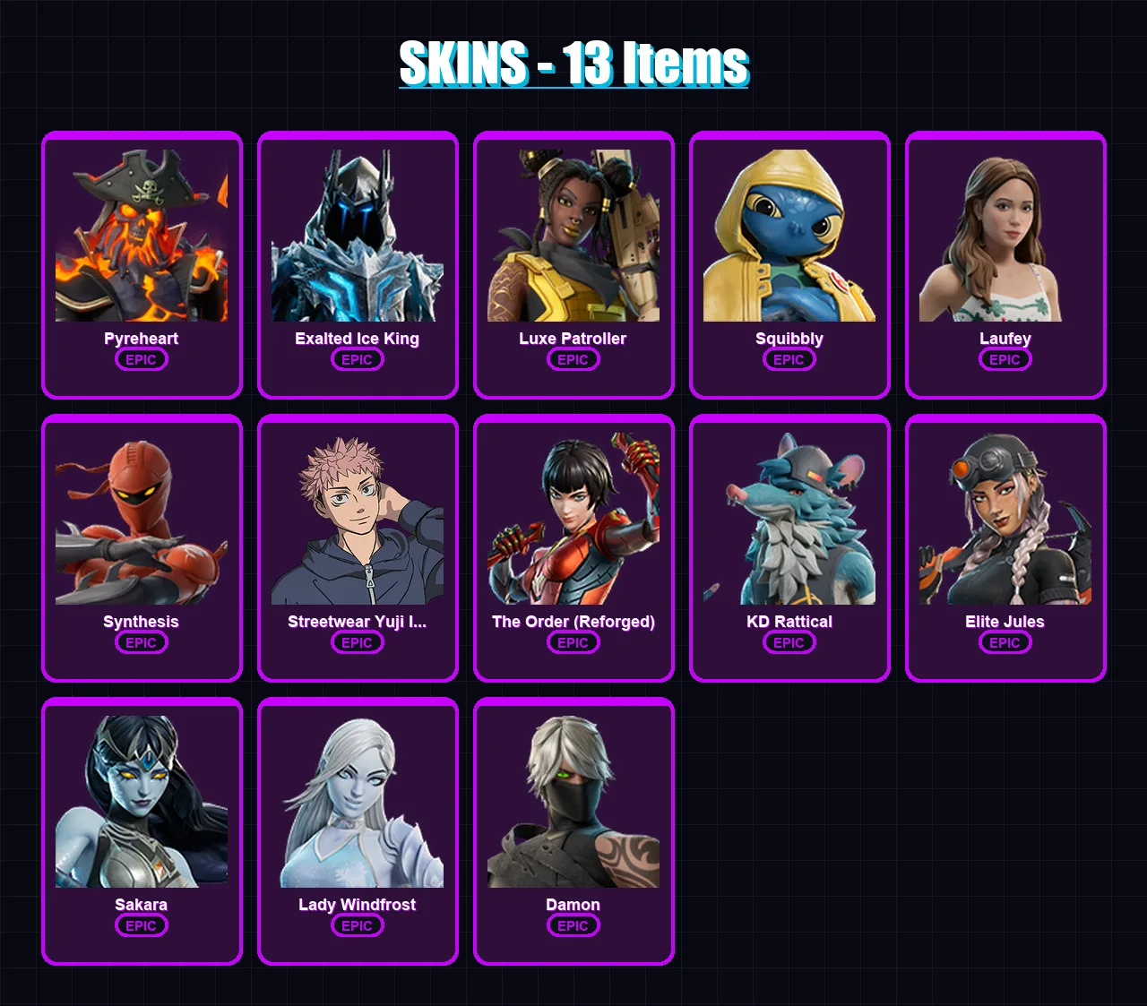 [PC/PSN] | Pyreheart | Exalted Ice King | Luxe Patroller | Squibbly | Laufey | 13 skin | 18 pickaxe | 8 emote | 13 glider | Lv65