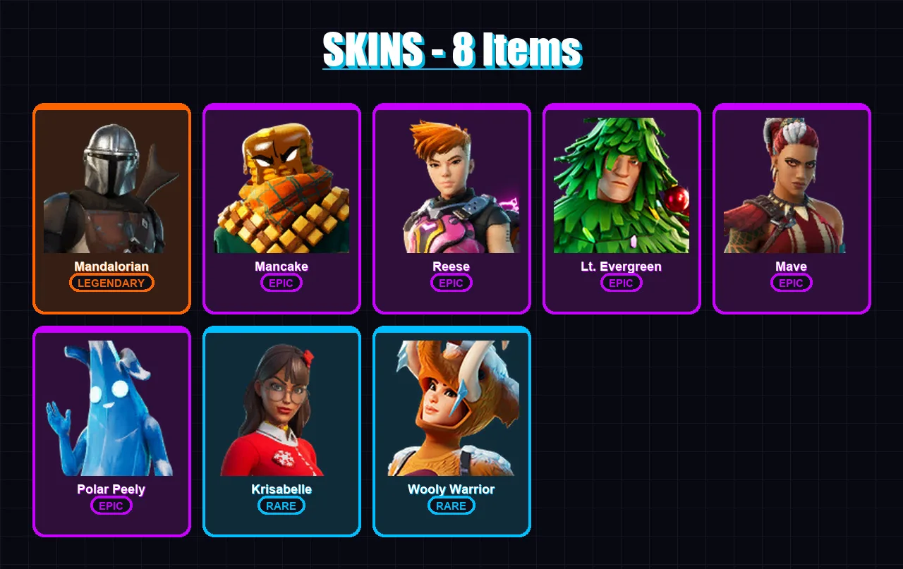 [SWITCH/XBOX/PSN/PC] | Mandalorian | Mancake | Reese | Lt. Evergreen | Mave | 8 skin | 12 pickaxe | 12 emote | 14 glider | Lv155