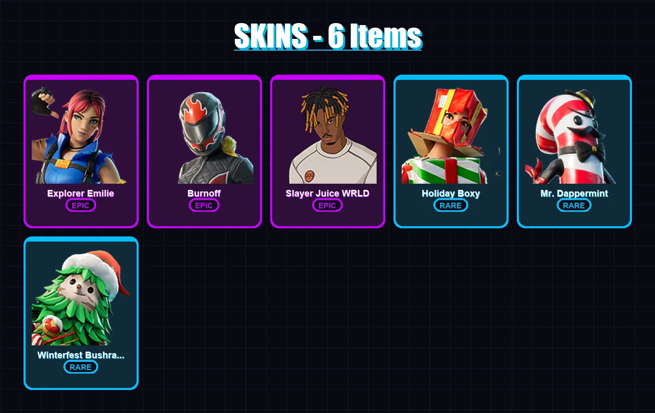 [PC/XBOX/PSN] | Explorer Emilie | Burnoff | Slayer Juice WRLD | Holiday Boxy | Mr. Dappermint | 6 skin | 14 pickaxe | 1 emote | 10 glider | Lv99