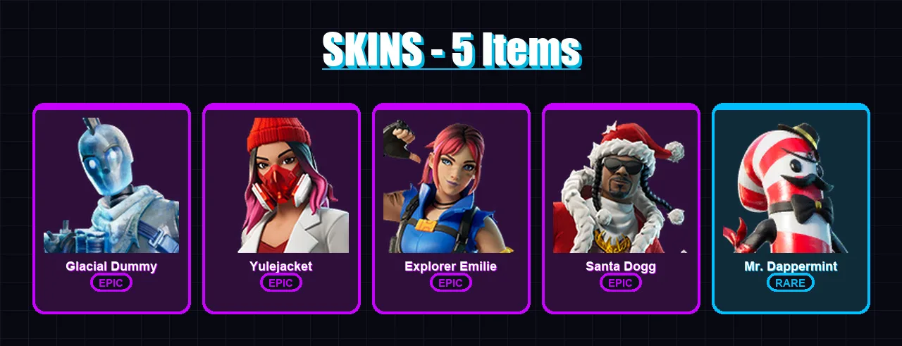 [PC/XBOX] | Glacial Dummy | Yulejacket | Explorer Emilie | Santa Dogg | Mr. Dappermint | 5 skin | 26 pickaxe | 8 emote | 17 glider | Lv198