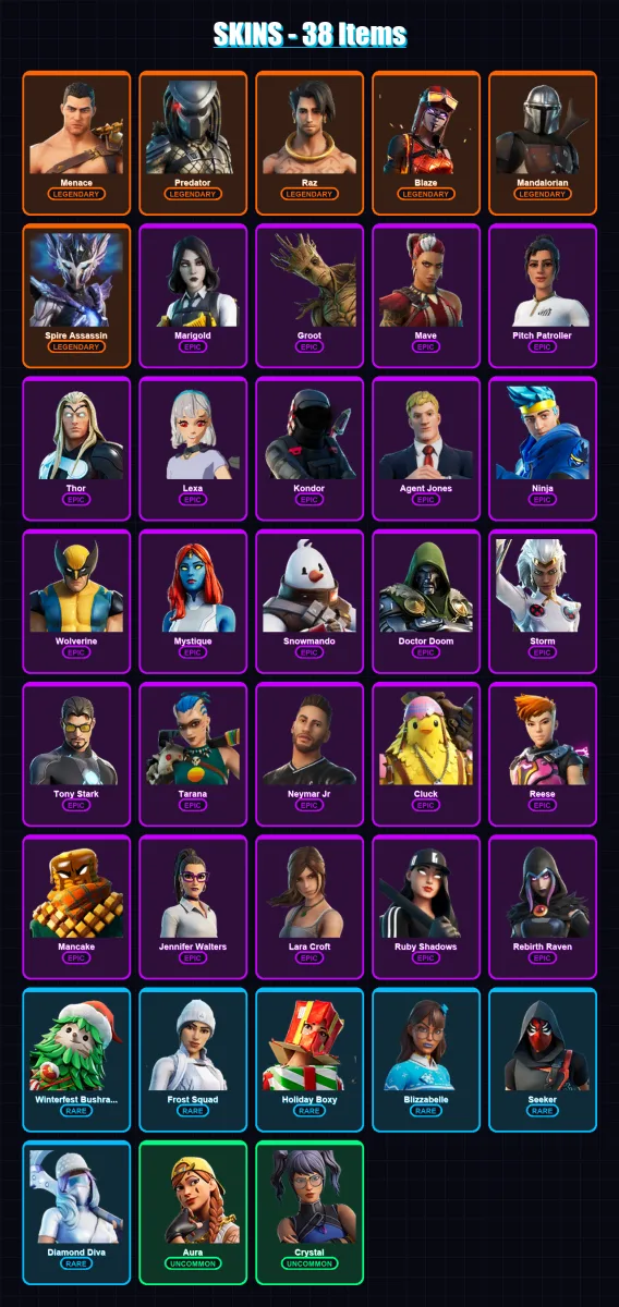 [PC/XBOX/PSN] | Menace | Predator | Raz | Blaze | Mandalorian | 38 skin | 46 pickaxe | 44 emote | 40 glider | Lv816