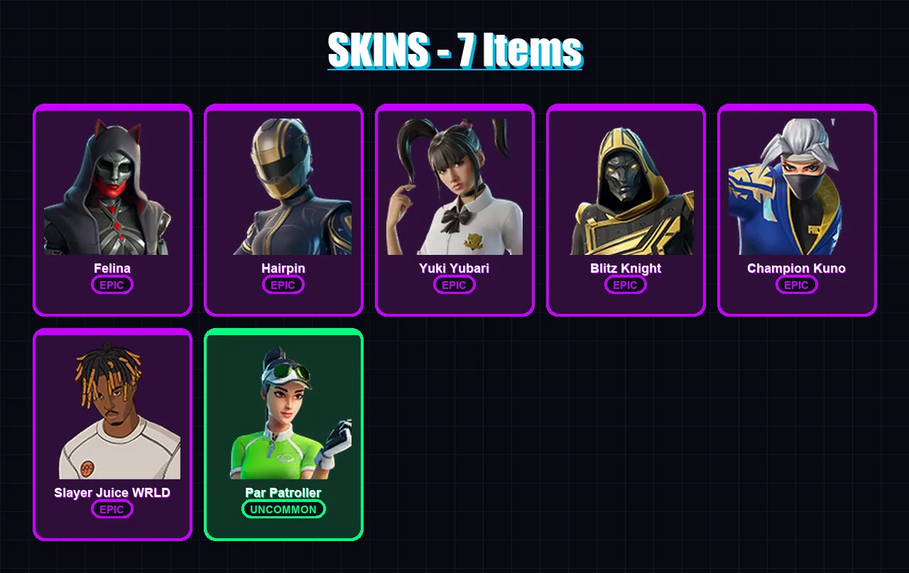 [PC/XBOX/PSN] | Felina | Hairpin | Yuki Yubari | Blitz Knight | Champion Kuno | 7 skin | 29 pickaxe | 14 emote | 20 glider | Lv304
