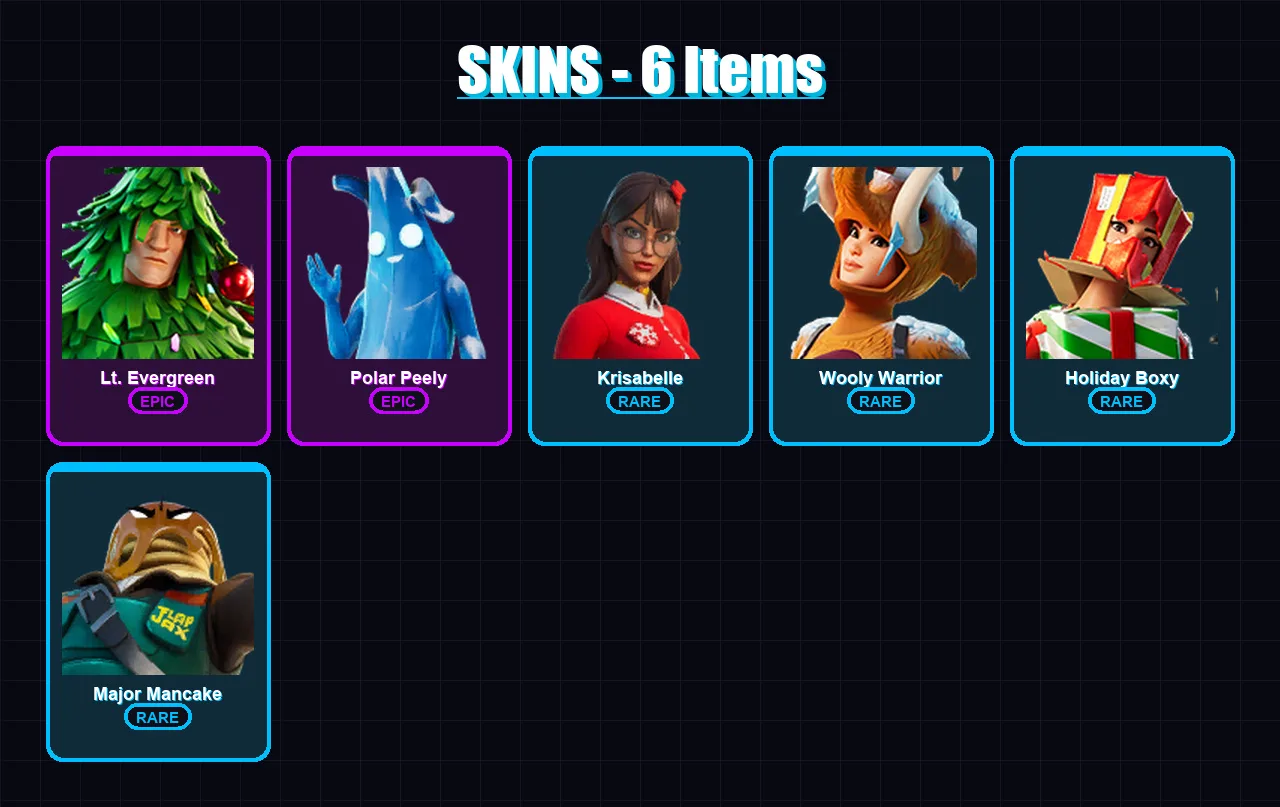 [SWITCH/XBOX/PC] | Lt. Evergreen | Polar Peely | Krisabelle | Wooly Warrior | Holiday Boxy | 6 skin | 15 pickaxe | 15 emote | 18 glider | Lv294