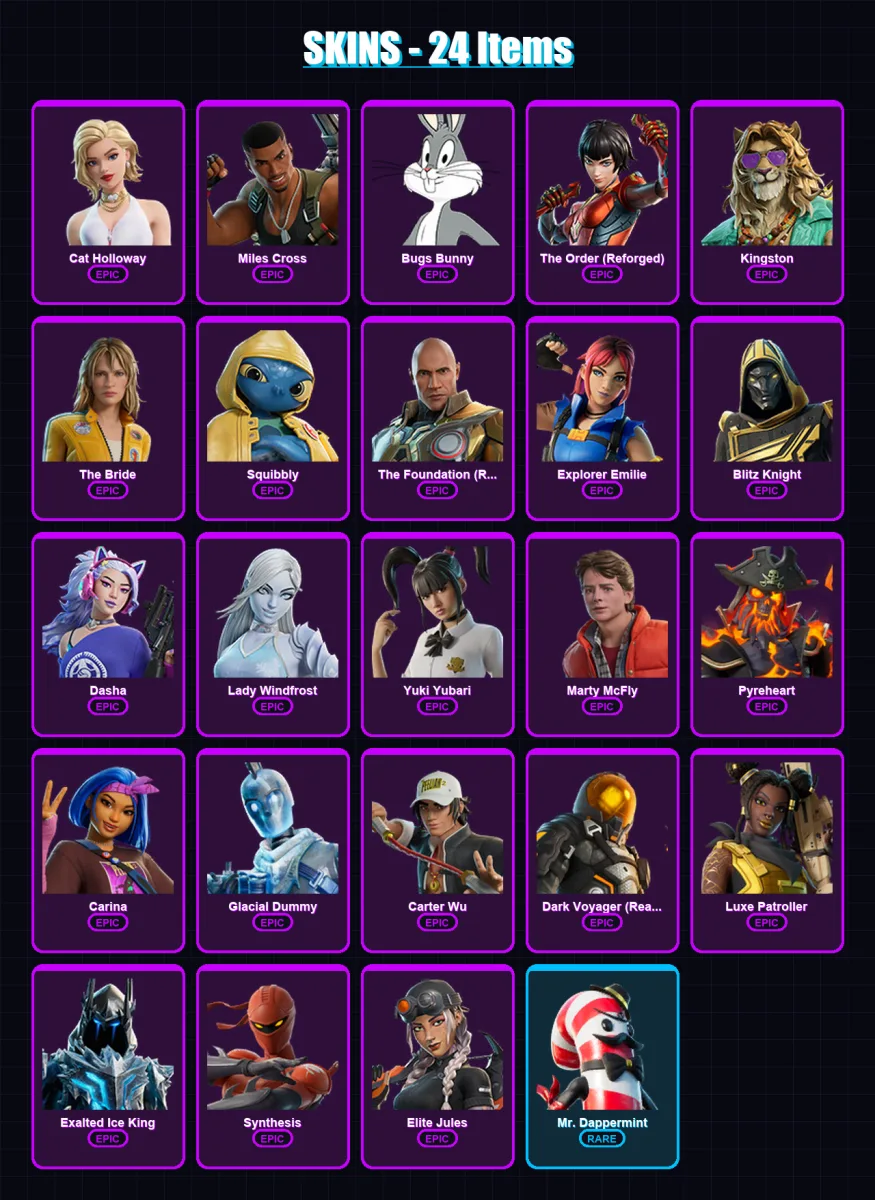 [PS4/PS5/PC] | Cat Holloway | Miles Cross | Bugs Bunny | The Order (Reforged) | Kingston | 24 skin | 69 pickaxe | 36 emote | 48 glider | Lv565