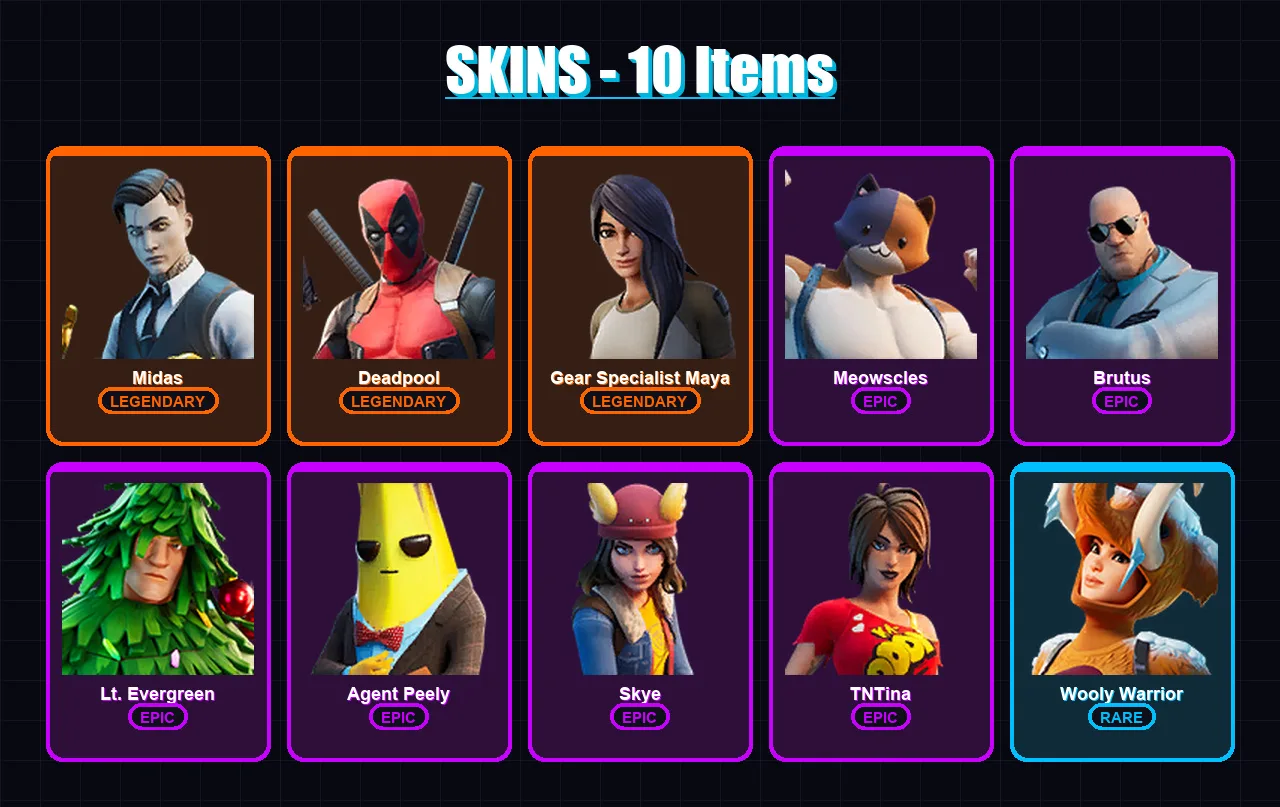 [PS4/PS5/XBOX/PC] | Midas | Deadpool | Gear Specialist Maya | Meowscles | Brutus | 10 skin | 12 pickaxe | 17 emote | 16 glider | Lv248 — Fortnite account