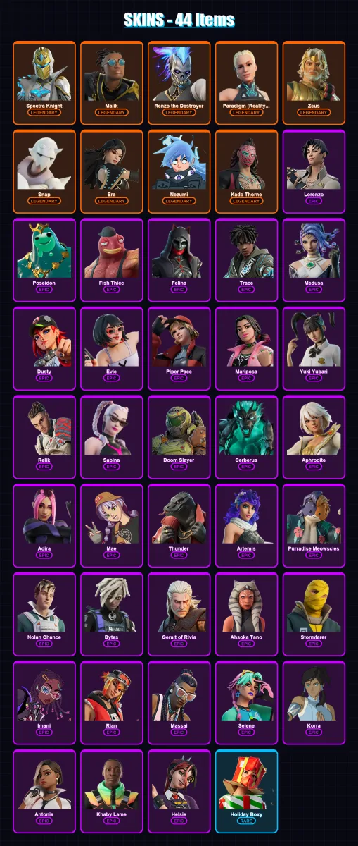 [PC/PSN] | Spectra Knight | Malik | Renzo the Destroyer | Paradigm (Reality-659) | Zeus | 44 skin | 71 pickaxe | 55 emote | 64 glider | Lv1061