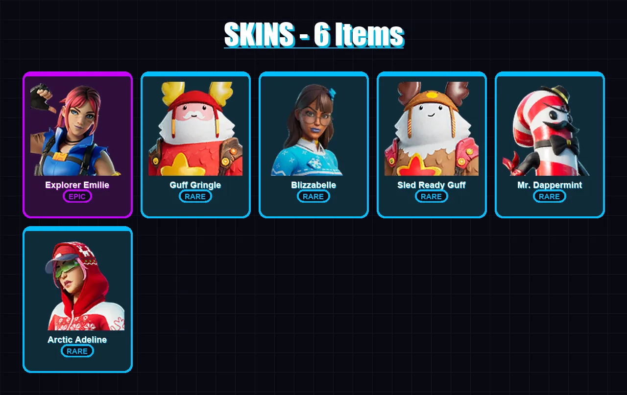 [PC/XBOX/PSN] | Explorer Emilie | Guff Gringle | Blizzabelle | Sled Ready Guff | Mr. Dappermint | 6 skin | 5 pickaxe | 3 emote | 3 glider | Lv23