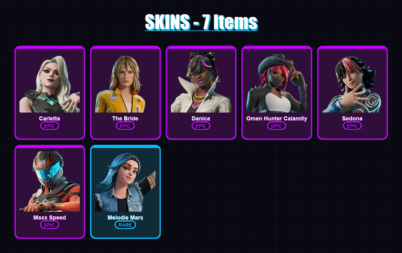 [PC/PSN] | Carletta | The Bride | Danica | Omen Hunter Calamity | Sedona | 7 skin | 3 pickaxe | 4 emote | 4 glider | Lv9