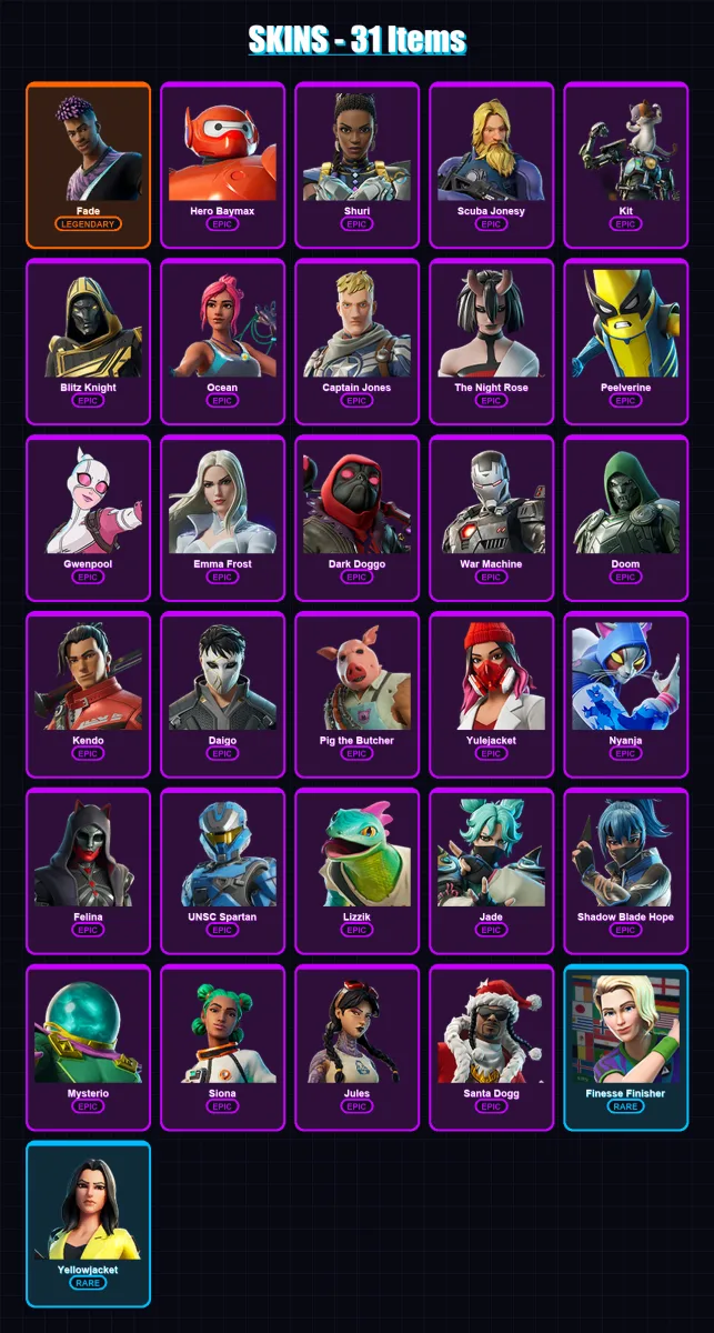 [PC/XBOX/PSN] | Fade | Hero Baymax | Shuri | Scuba Jonesy | Kit | 31 skin | 82 pickaxe | 51 emote | 54 glider | Lv823