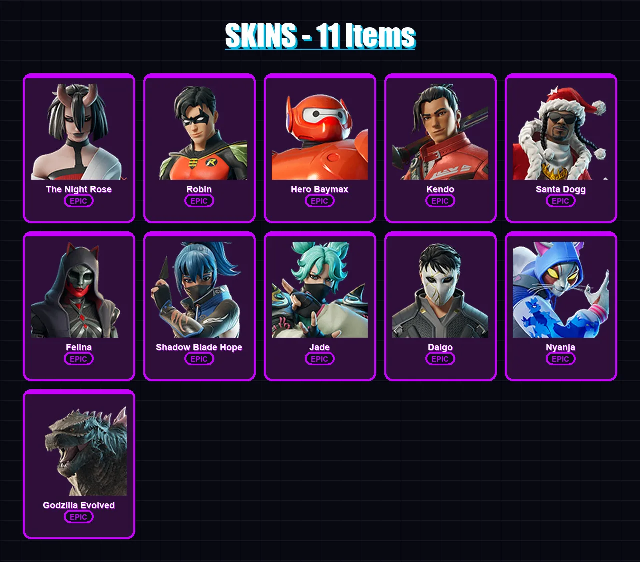 [PC/XBOX/PSN] | The Night Rose | Robin | Hero Baymax | Kendo | Santa Dogg | 11 skin | 30 pickaxe | 15 emote | 16 glider | Lv246