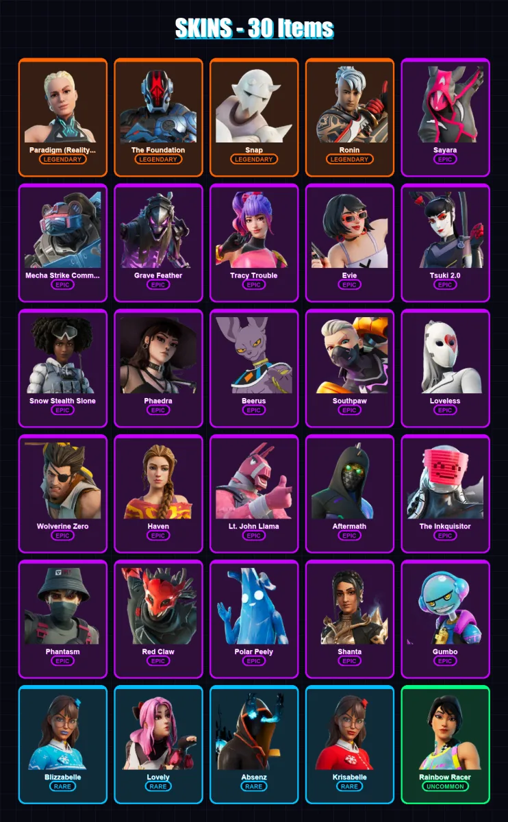 [PC/XBOX/PSN] | Paradigm (Reality-659) | The Foundation | Snap | Ronin | Sayara | 30 skin | 29 pickaxe | 12 emote | 17 glider | Lv174 — Fortnite account
