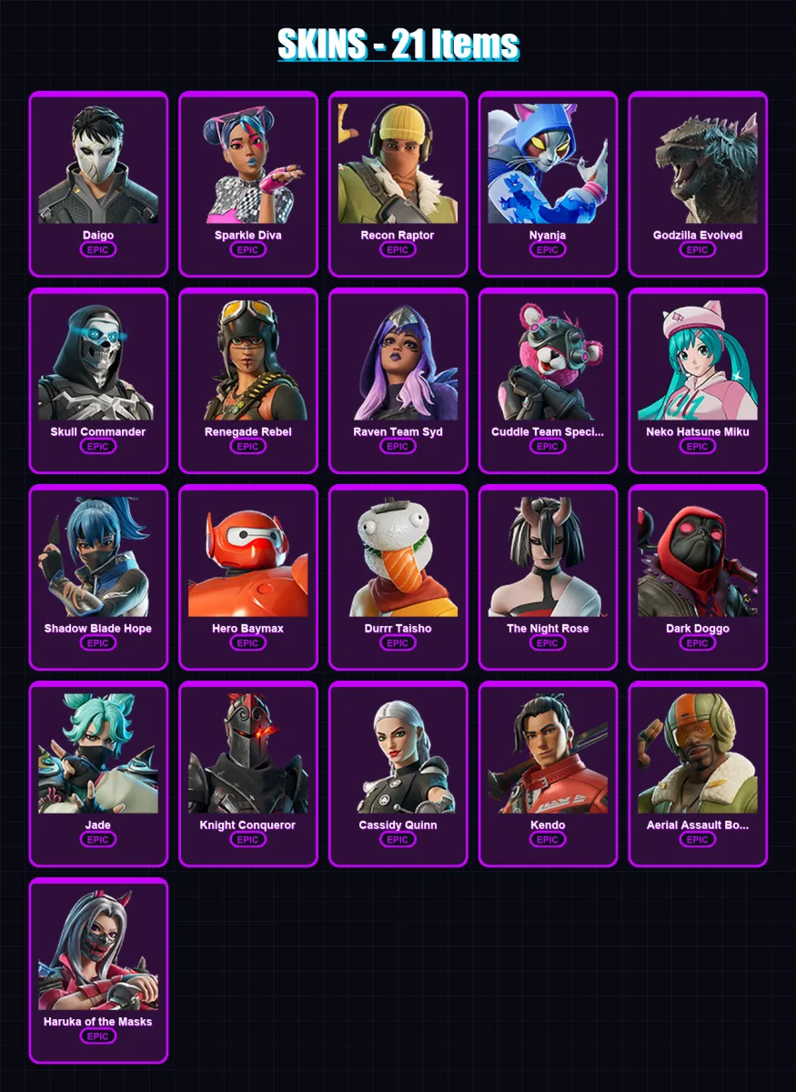 [PC/XBOX/PSN] | Daigo | Sparkle Diva | Recon Raptor | Nyanja | Godzilla Evolved | 21 skin | 25 pickaxe | 21 emote | 18 glider | Lv130 — Fortnite account