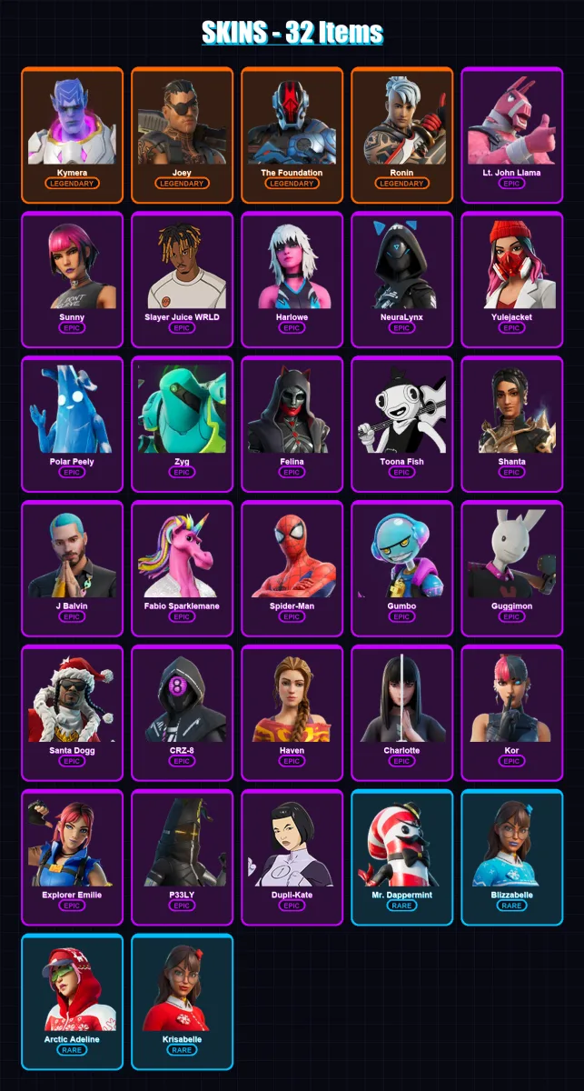 [PC/XBOX/PSN] | Kymera | Joey | The Foundation | Ronin | Lt. John Llama | 32 skin | 67 pickaxe | 38 emote | 48 glider | Lv960