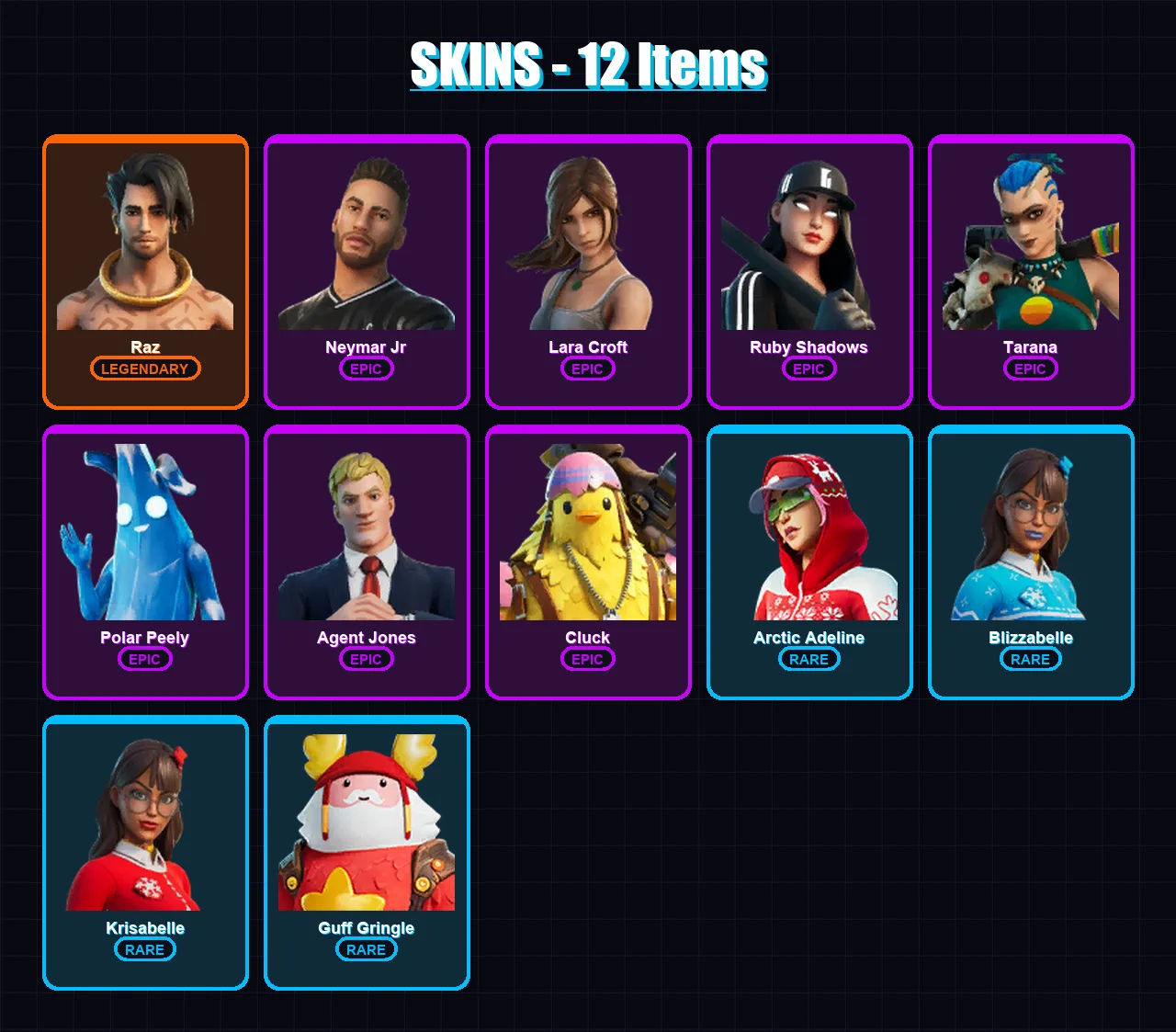 [PC/XBOX/PSN] | Raz | Neymar Jr | Lara Croft | Ruby Shadows | Tarana | 12 skin | 28 pickaxe | 27 emote | 28 glider | Lv396