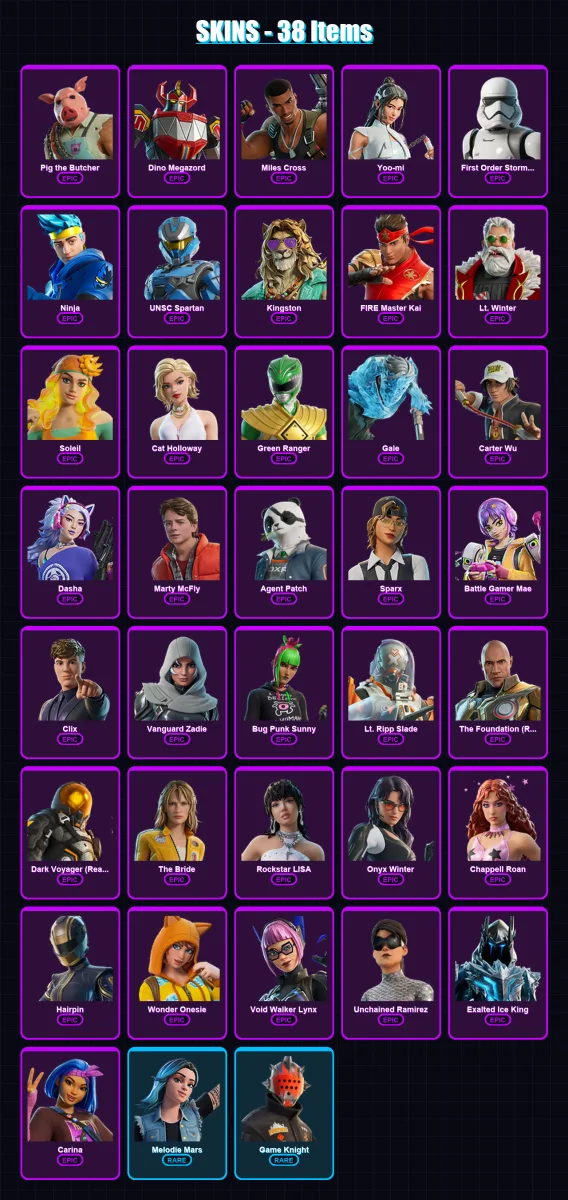 [PC/PSN] | Pig the Butcher | Dino Megazord | Miles Cross | Yoo-mi | First Order Stormtrooper | 38 skin | 83 pickaxe | 45 emote | 51 glider | Lv722