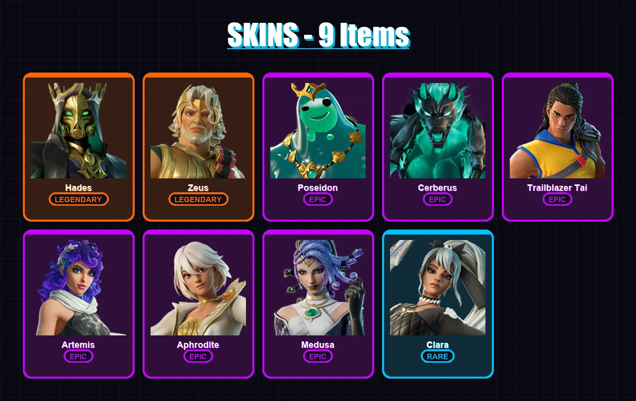 [PS4/PS5/XBOX/PC] | Hades | Zeus | Poseidon | Cerberus | Trailblazer Tai | 9 skin | 12 pickaxe | 7 emote | 7 glider | Lv141