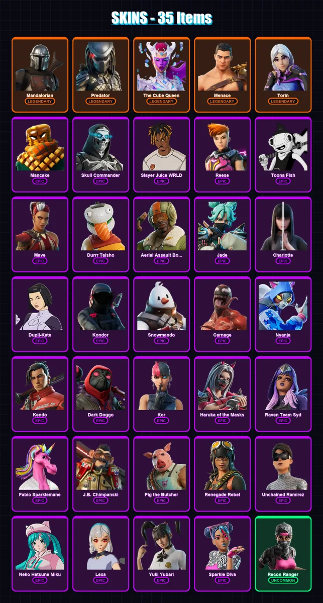 [PC/XBOX/PSN] | Mandalorian | Predator | The Cube Queen | Menace | Torin | 35 skin | 70 pickaxe | 50 emote | 53 glider | Lv817
