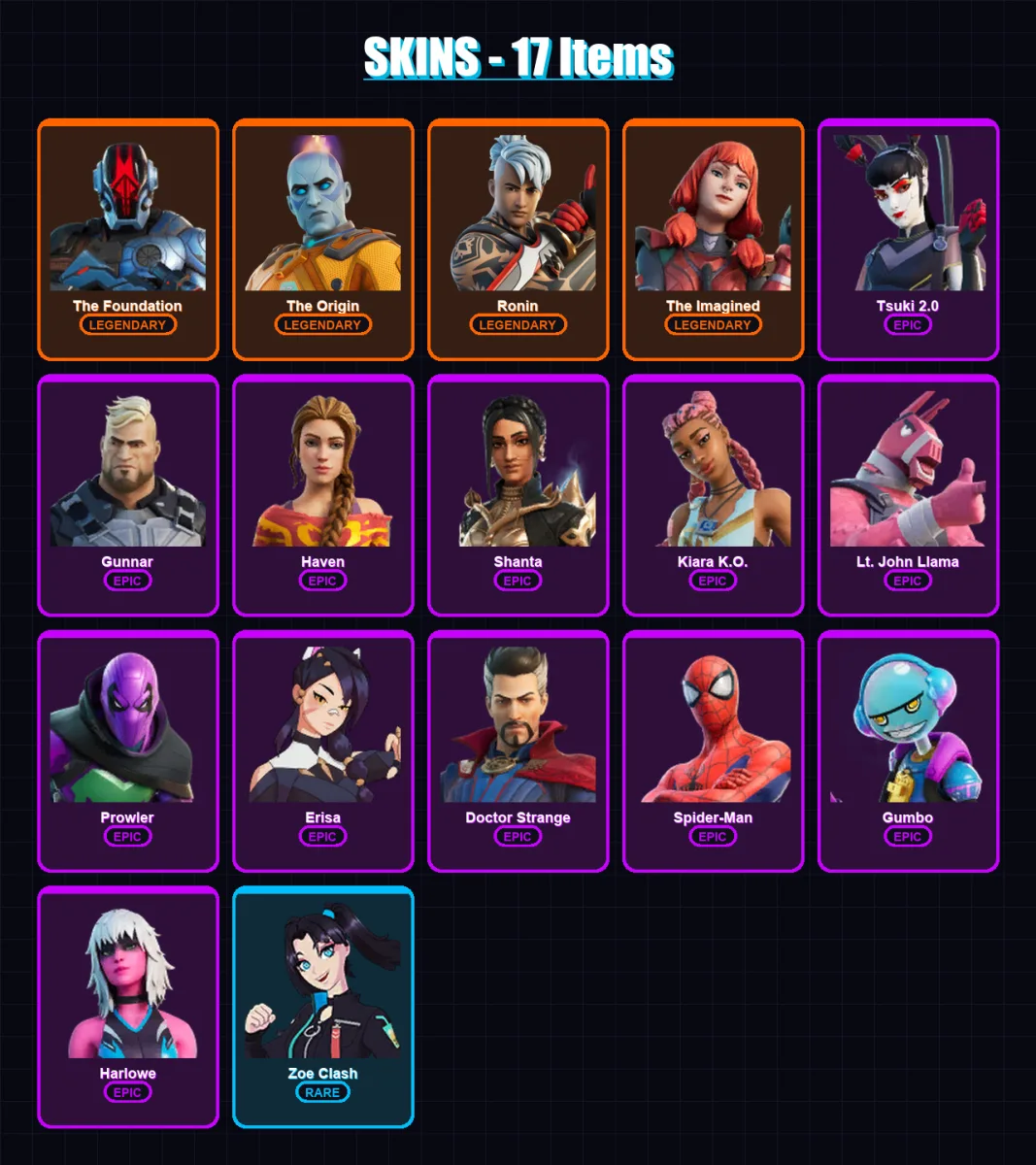 [PC/XBOX/PSN] | The Foundation | The Origin | Ronin | The Imagined | Tsuki 2.0 | 17 skin | 19 pickaxe | 15 emote | 17 glider | Lv324
