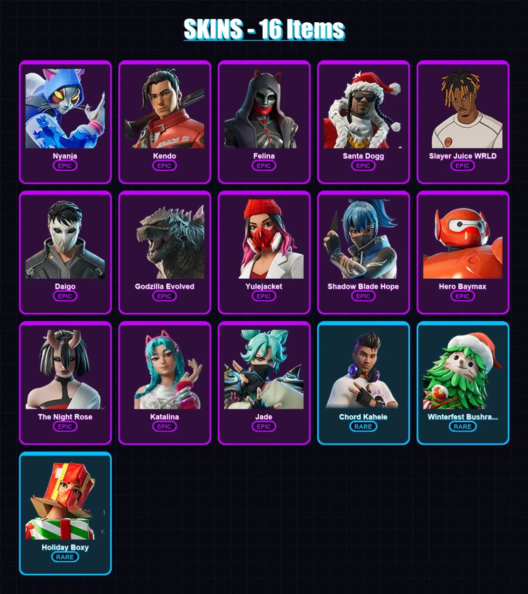 [PC/XBOX/PSN] | Nyanja | Kendo | Felina | Santa Dogg | Slayer Juice WRLD | 16 skin | 30 pickaxe | 17 emote | 22 glider | Lv437
