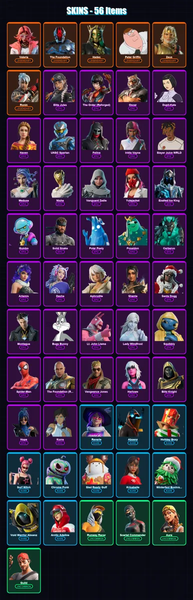 [PC/PSN] | Valeria | The Foundation | Hades | Peter Griffin | Zeus | 56 skin | 154 pickaxe | 88 emote | 130 glider | Lv3643
