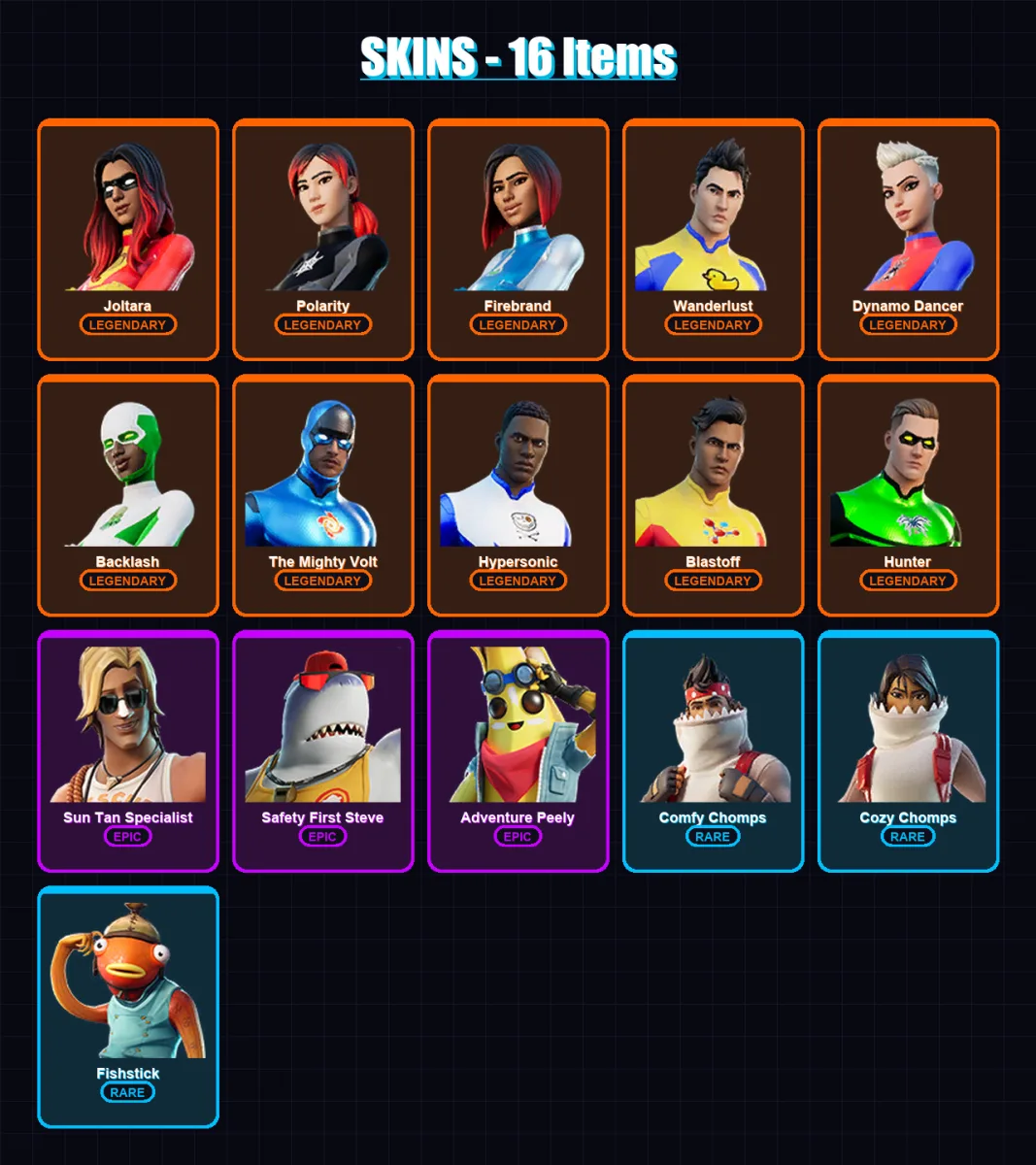[PC/XBOX/PSN] | Joltara | Polarity | Firebrand | Wanderlust | Dynamo Dancer | 16 skin | 5 pickaxe | 2 emote | 6 glider | Lv13