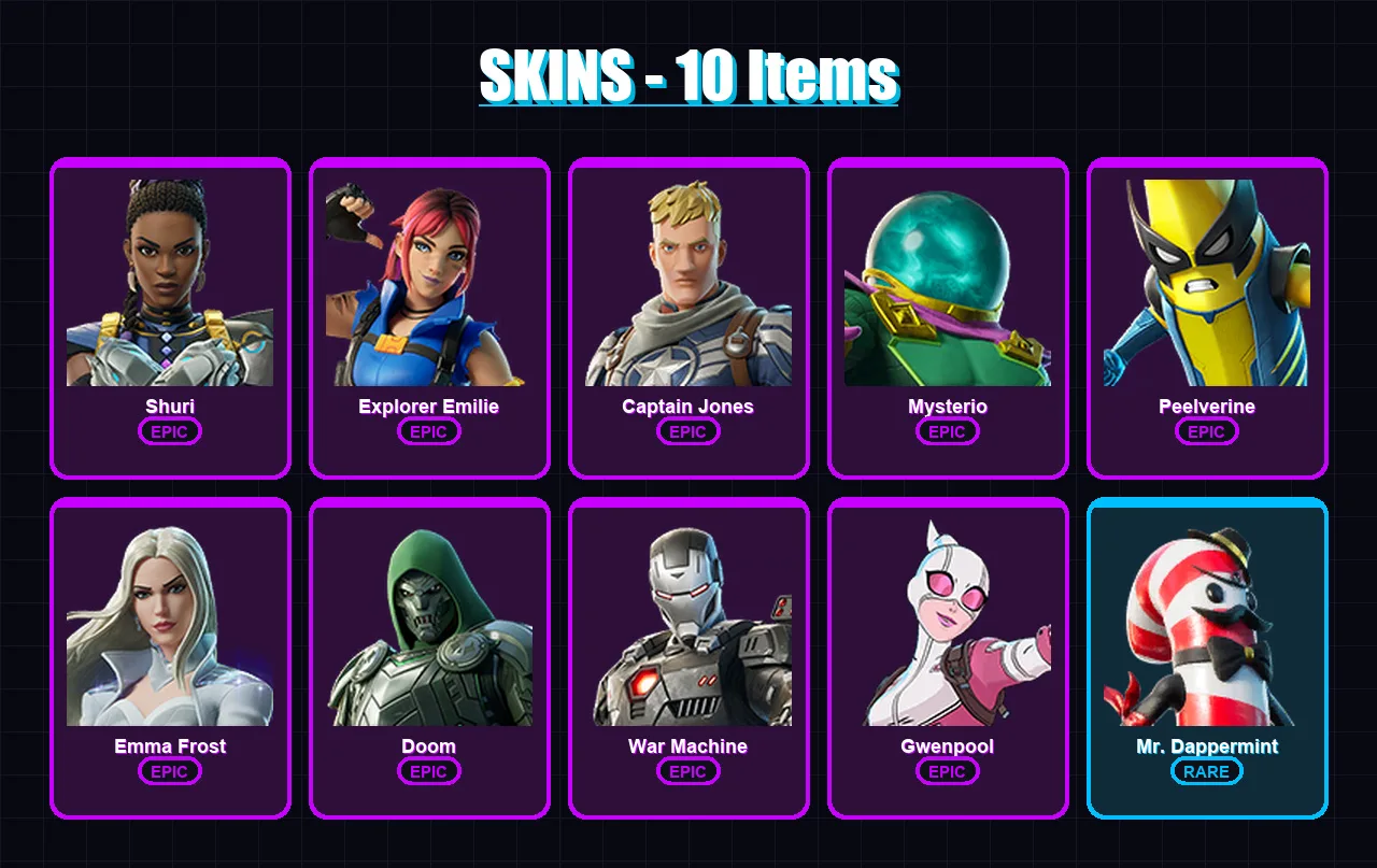 [PC] | Shuri | Explorer Emilie | Captain Jones | Mysterio | Peelverine | 10 skin | 12 pickaxe | 13 emote | 13 glider | Lv178