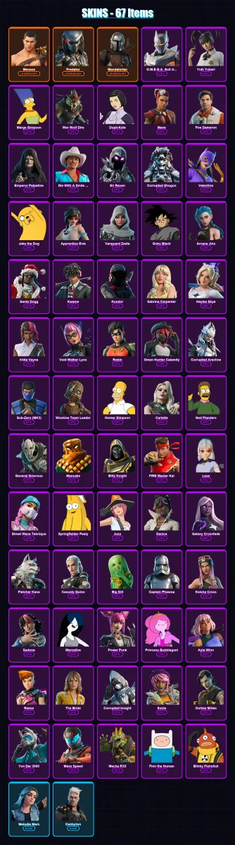[PS4/PS5/XBOX/PC] | Menace | Predator | Mandalorian | O.M.E.G.A. Suit Alpha | Yuki Yubari | 67 skin | 89 pickaxe | 60 emote | 54 glider | Lv700