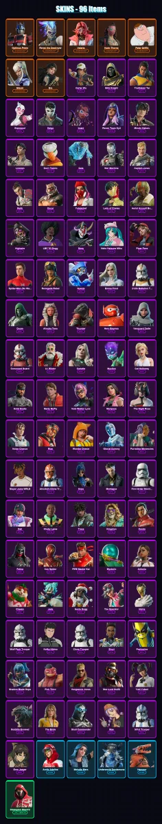 [PC/PSN] | Optimus Prime | Renzo the Destroyer | Valeria | Kado Thorne | Peter Griffin | 96 skin | 173 pickaxe | 112 emote | 114 glider | Lv1896