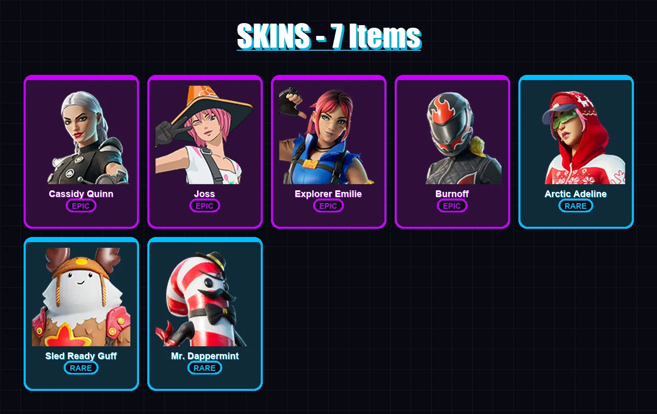 [PC/PSN] | Cassidy Quinn | Joss | Explorer Emilie | Burnoff | Arctic Adeline | 7 skin | 6 pickaxe | 5 emote | 8 glider | Lv24