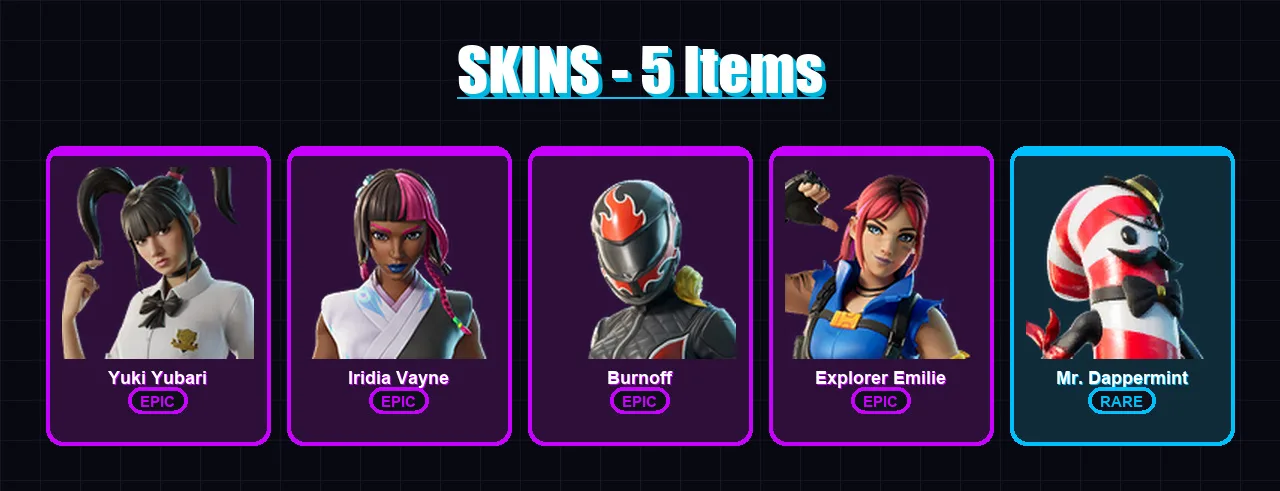 [PC/XBOX/PSN] | Yuki Yubari | Iridia Vayne | Burnoff | Explorer Emilie | Mr. Dappermint | 5 skin | 25 pickaxe | 12 emote | 15 glider | Lv244