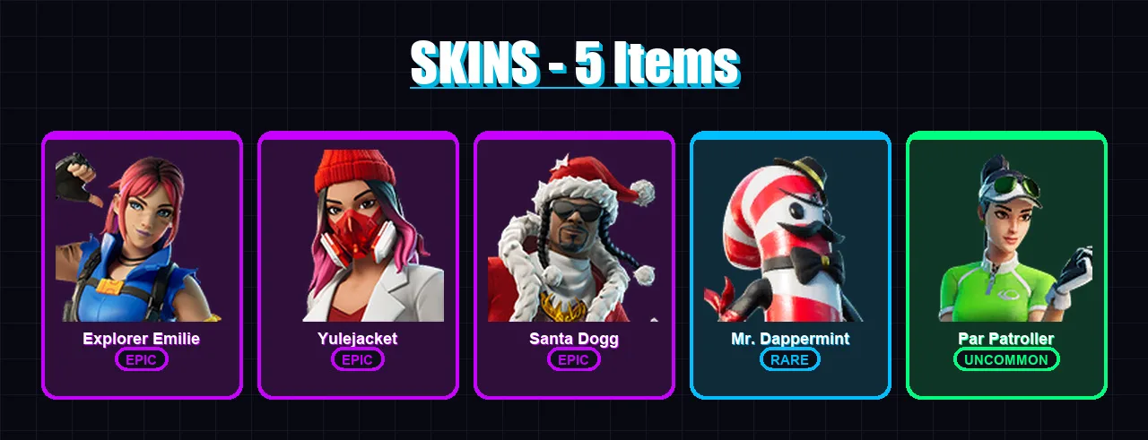 [PC/PSN] | Explorer Emilie | Yulejacket | Santa Dogg | Mr. Dappermint | Par Patroller | 5 skin | 39 pickaxe | 14 emote | 23 glider | Lv477