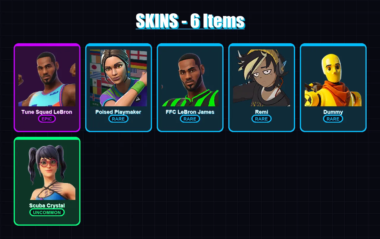 [PC/XBOX/PSN] | Tune Squad LeBron | Poised Playmaker | FFC LeBron James | Remi | Dummy | 6 skin | 5 pickaxe | 8 emote | 6 glider | Lv159