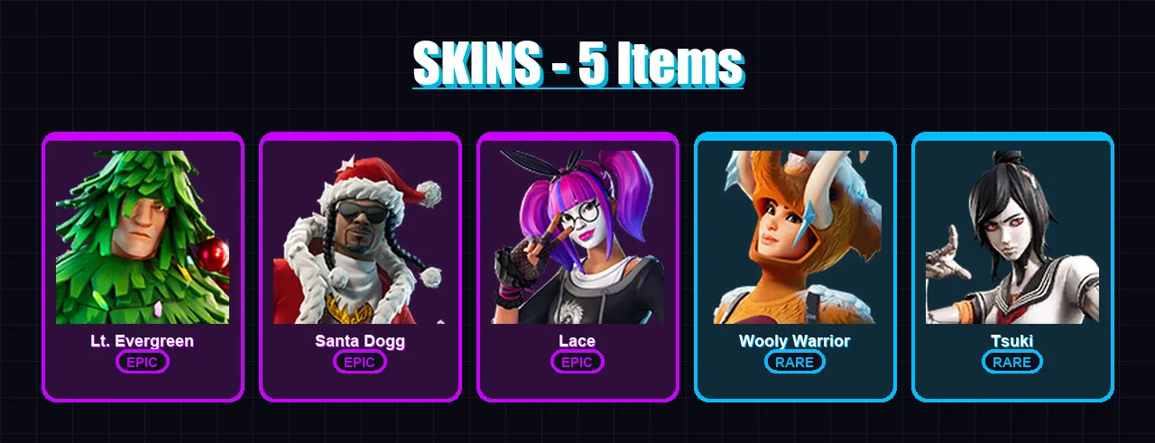 [PC/XBOX/PSN] | Lt. Evergreen | Santa Dogg | Lace | Wooly Warrior | Tsuki | 5 skin | 13 pickaxe | 12 emote | 14 glider | Lv207
