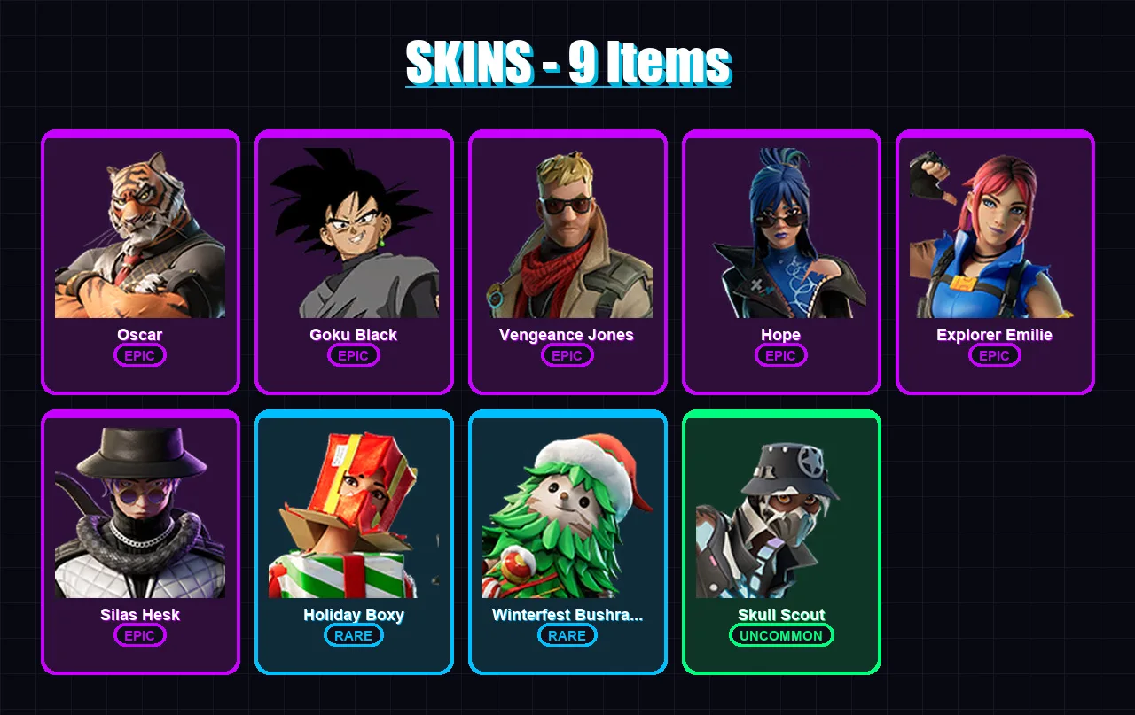 [PC/XBOX/PSN] | Oscar | Goku Black | Vengeance Jones | Hope | Explorer Emilie | 9 skin | 13 pickaxe | 7 emote | 9 glider | Lv82