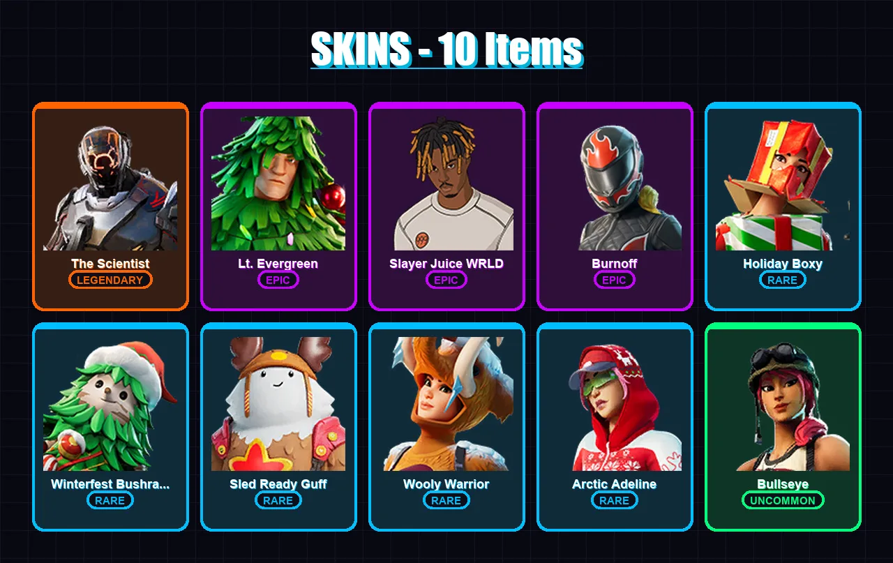 [PC/XBOX] | The Scientist | Lt. Evergreen | Slayer Juice WRLD | Burnoff | Holiday Boxy | 10 skin | 28 pickaxe | 25 emote | 33 glider | Lv717