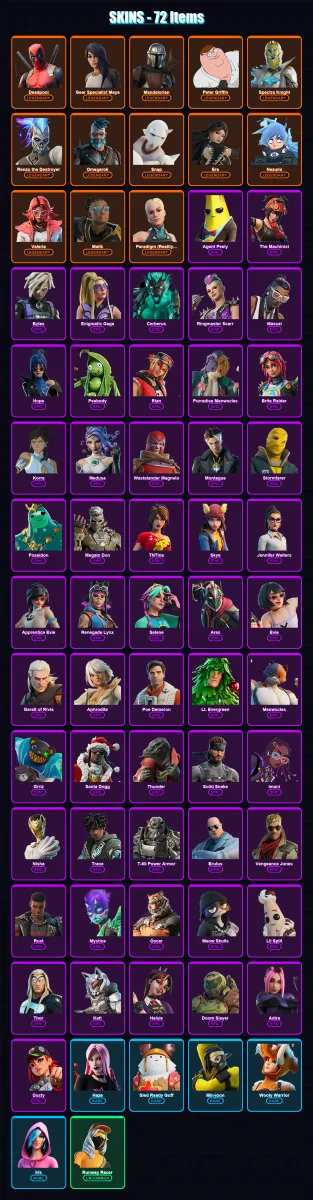 [PC] | Deadpool | Gear Specialist Maya | Mandalorian | Peter Griffin | Spectra Knight | 72 skin | 106 pickaxe | 90 emote | 102 glider | Lv1112