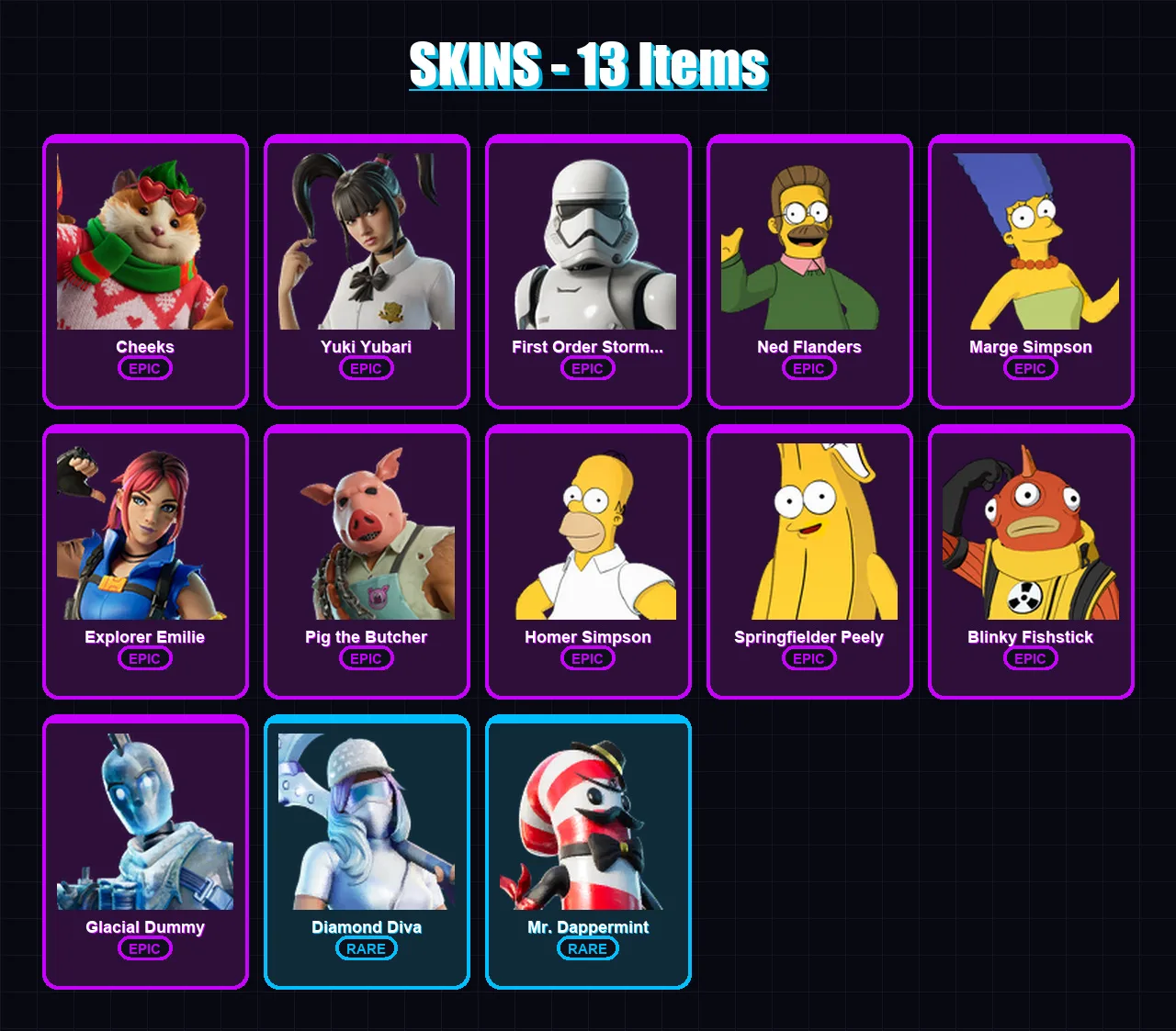 [PC/XBOX/PSN] | Cheeks | Yuki Yubari | First Order Stormtrooper | Ned Flanders | Marge Simpson | 13 skin | 29 pickaxe | 16 emote | 20 glider | Lv287