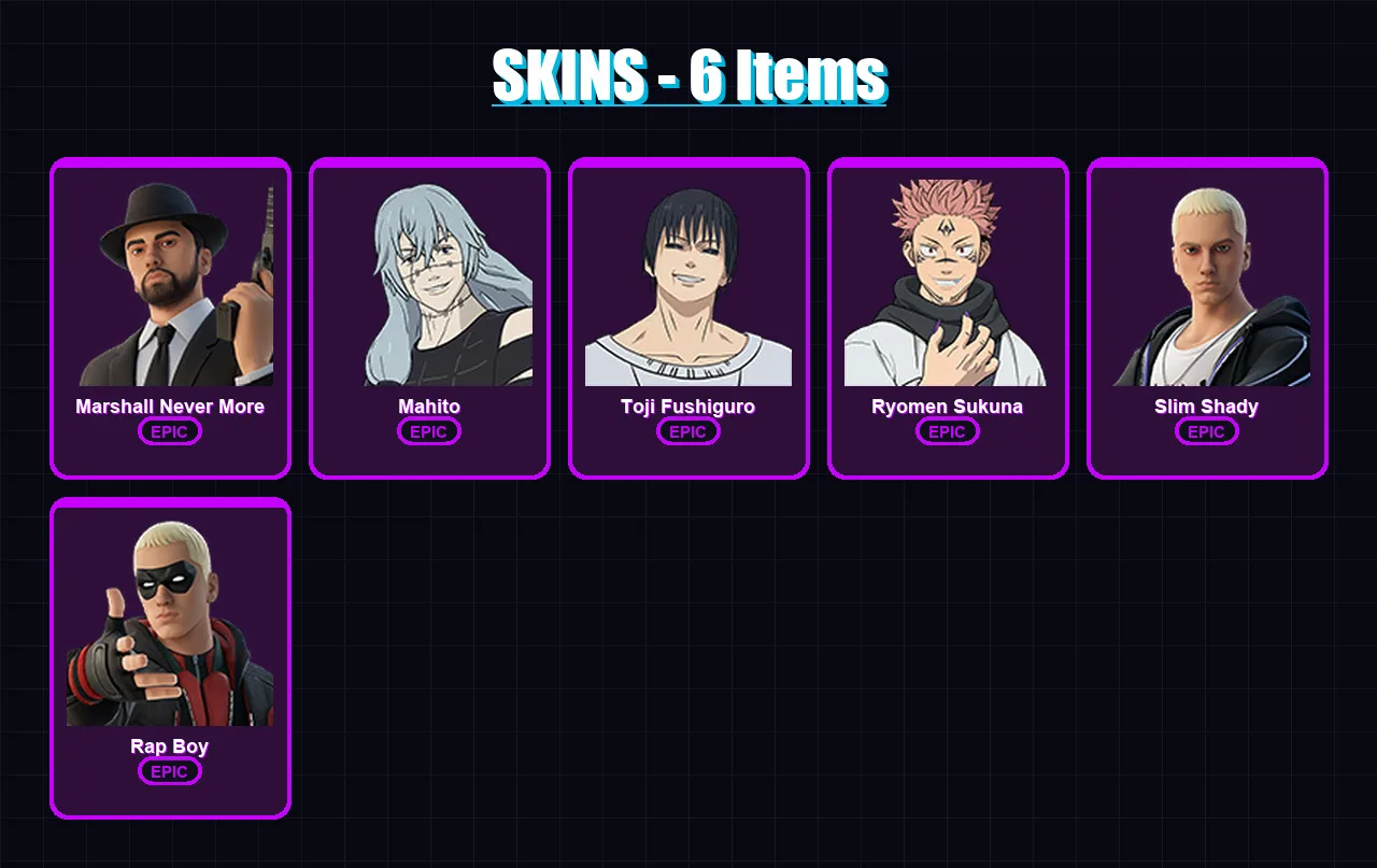 [PC/XBOX/PSN] | Marshall Never More | Mahito | Toji Fushiguro | Ryomen Sukuna | Slim Shady | 6 skin | 7 pickaxe | 5 emote | 4 glider | Lv23