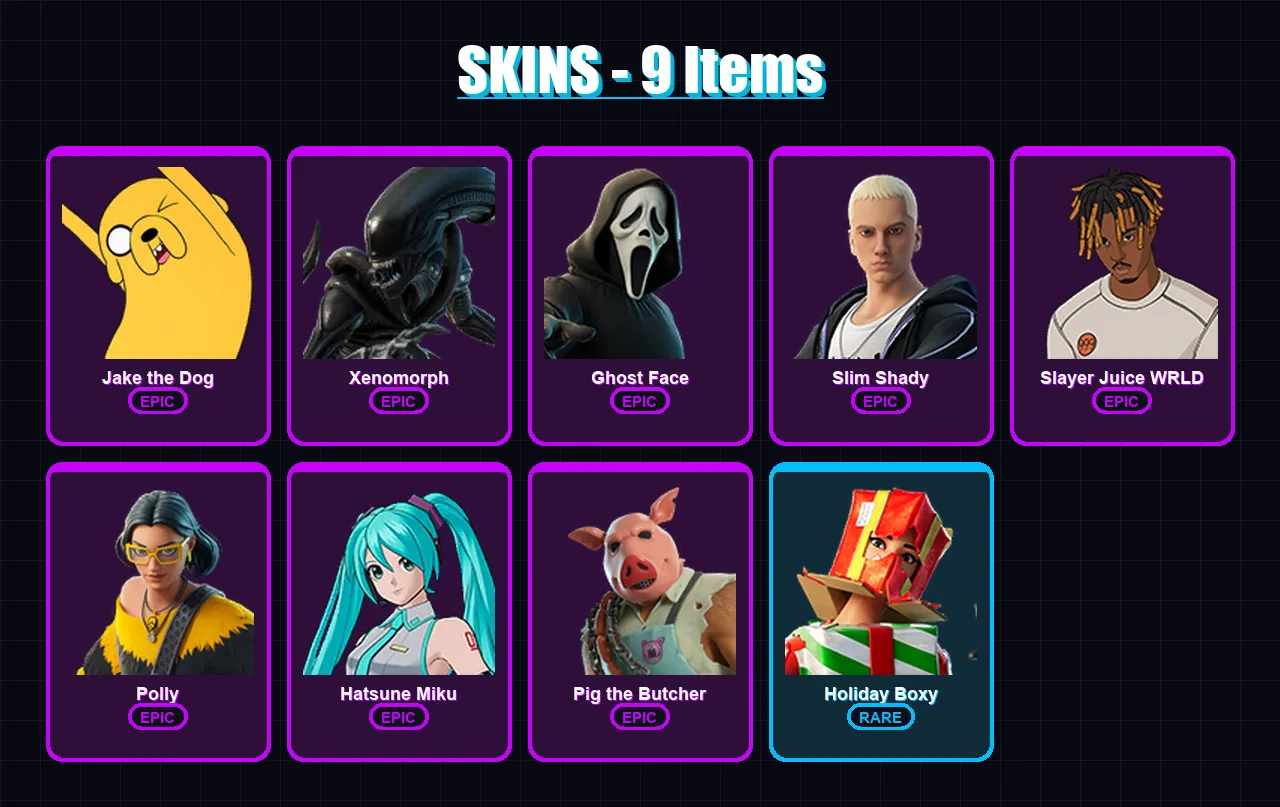 [PC/XBOX/PSN] | Jake the Dog | Xenomorph | Ghost Face | Slim Shady | Slayer Juice WRLD | 9 skin | 19 pickaxe | 16 emote | 13 glider | Lv114