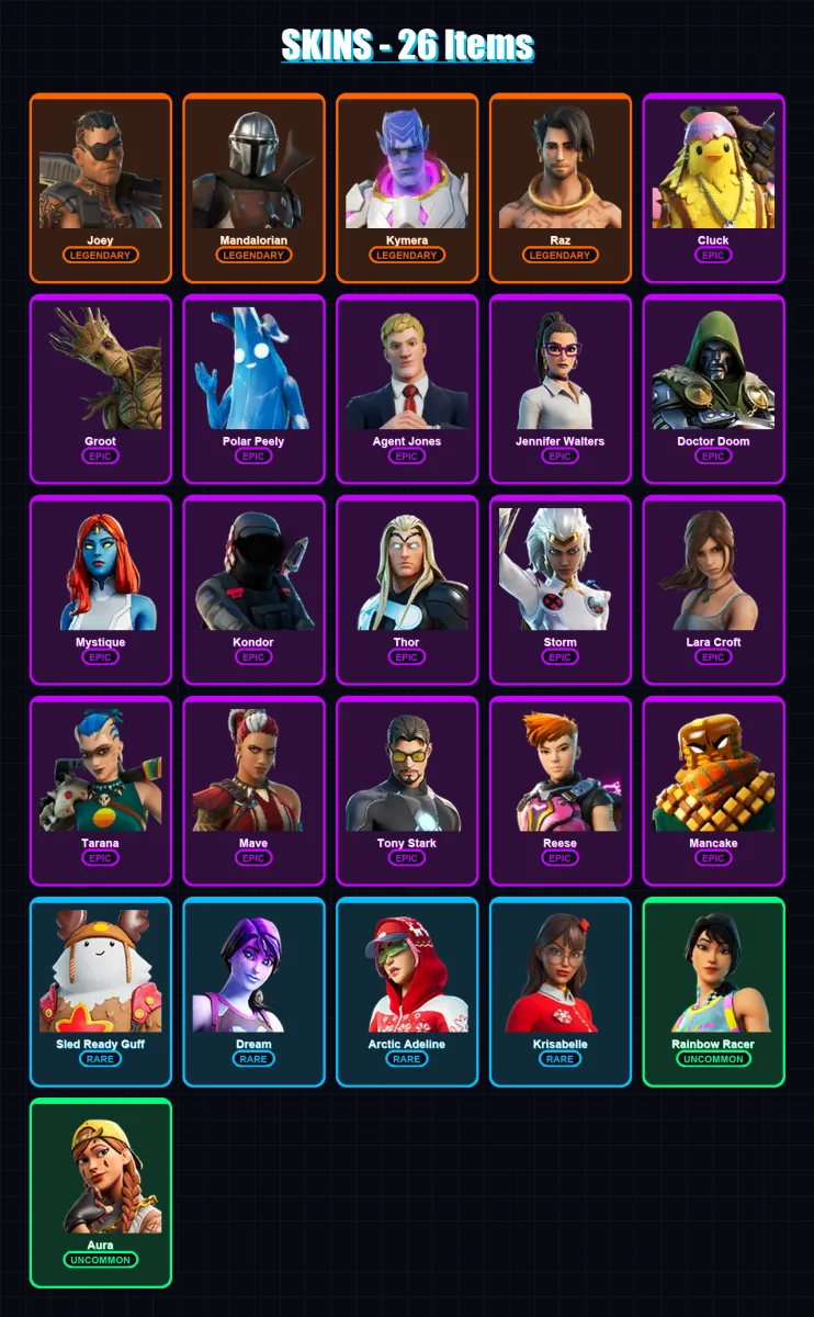 [SWITCH/XBOX/PC] | Joey | Mandalorian | Kymera | Raz | Cluck | 26 skin | 35 pickaxe | 27 emote | 38 glider | Lv572