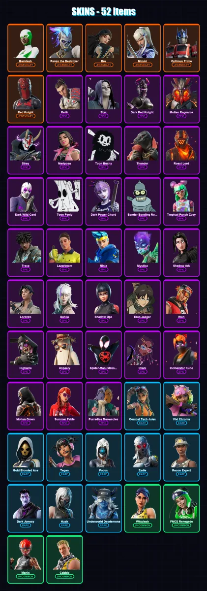 [PC/PSN] | Backlash | Renzo the Destroyer | Era | Mizuki | Optimus Prime | 52 skin | 50 pickaxe | 33 emote | 28 glider | Lv367