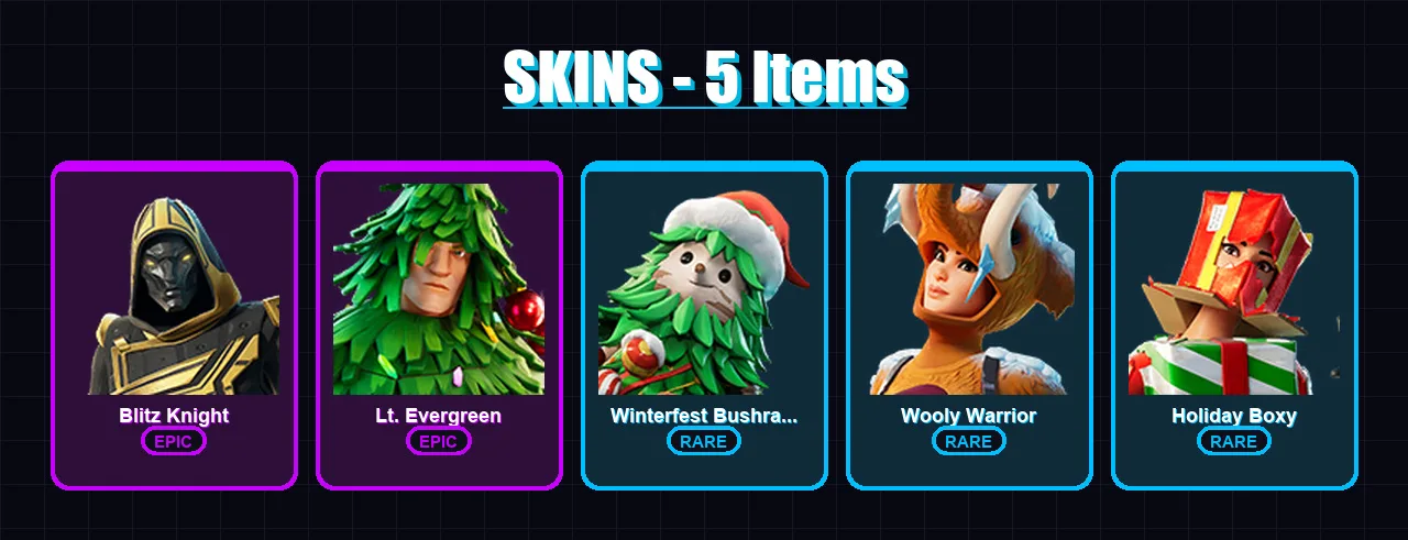 [PC/PSN] | Blitz Knight | Lt. Evergreen | Winterfest Bushranger | Wooly Warrior | Holiday Boxy | 5 skin | 18 pickaxe | 17 emote | 23 glider | Lv387