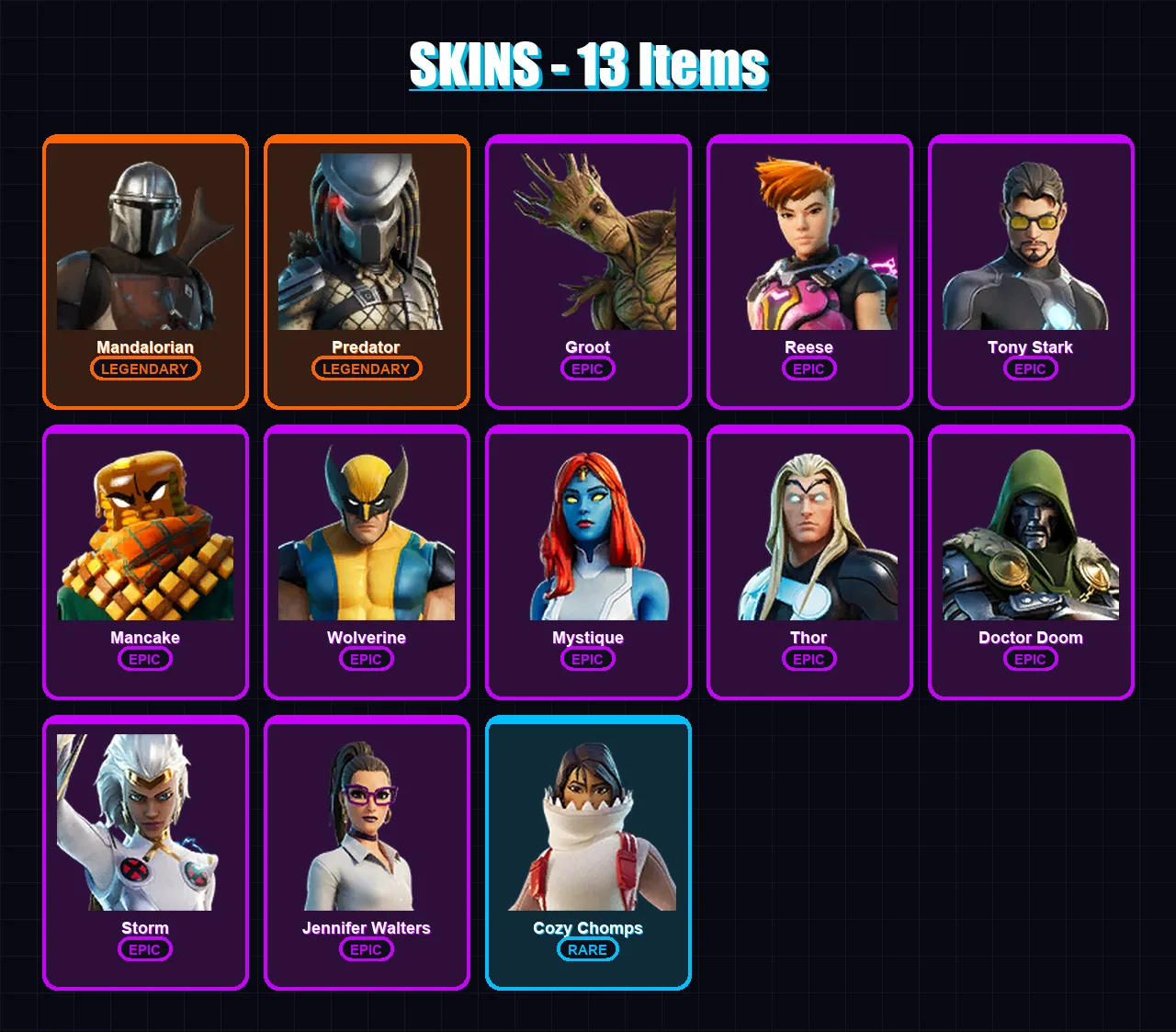 [PC/XBOX/PSN] | Mandalorian | Predator | Groot | Reese | Tony Stark | 13 skin | 12 pickaxe | 7 emote | 16 glider | Lv189