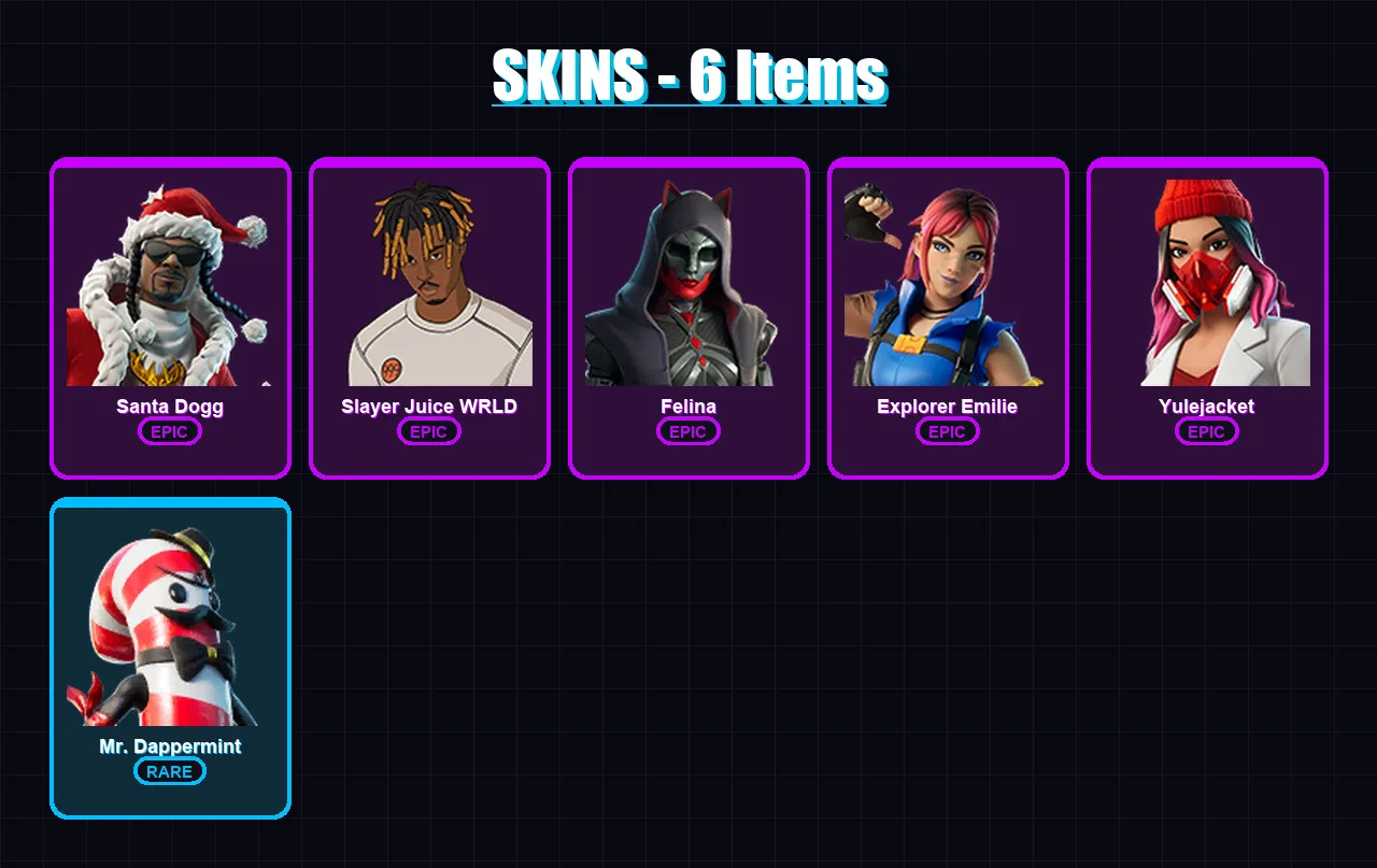 [PC/XBOX/PSN] | Santa Dogg | Slayer Juice WRLD | Felina | Explorer Emilie | Yulejacket | 6 skin | 35 pickaxe | 13 emote | 20 glider | Lv368
