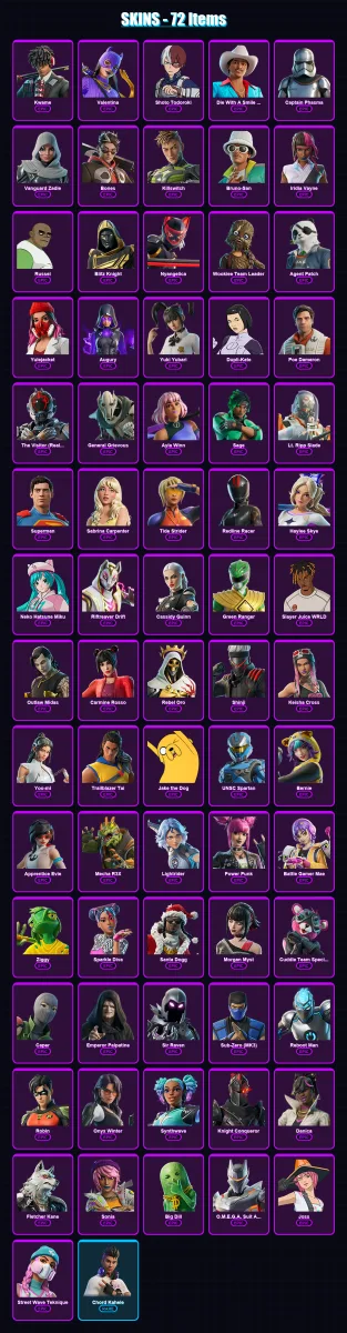 [PS4/PS5/XBOX/PC] | Kwame | Valentina | Shoto Todoroki | Die With A Smile Bruno | Captain Phasma | 72 skin | 91 pickaxe | 70 emote | 52 glider | Lv6