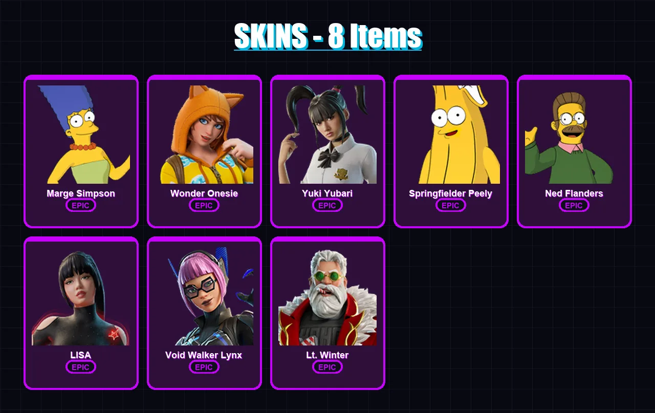 [PC/XBOX/PSN] | Marge Simpson | Wonder Onesie | Yuki Yubari | Springfielder Peely | Ned Flanders | 8 skin | 25 pickaxe | 13 emote | 18 glider | Lv14