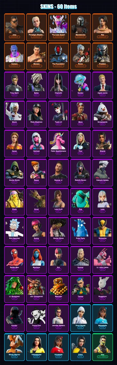 [PC/XBOX/PSN] | Joey | Paradigm (Reality-659) | The Cube Queen | Mandalorian | Raz | 60 skin | 67 pickaxe | 52 emote | 69 glider | Lv1025