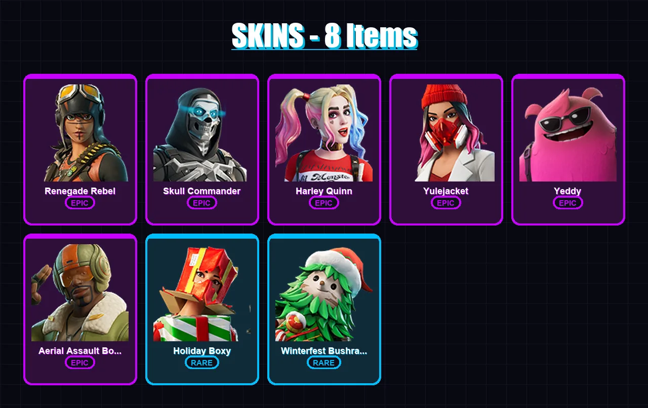 [PC/XBOX/PSN] | Renegade Rebel | Skull Commander | Harley Quinn | Yulejacket | Yeddy | 8 skin | 29 pickaxe | 15 emote | 24 glider | Lv203