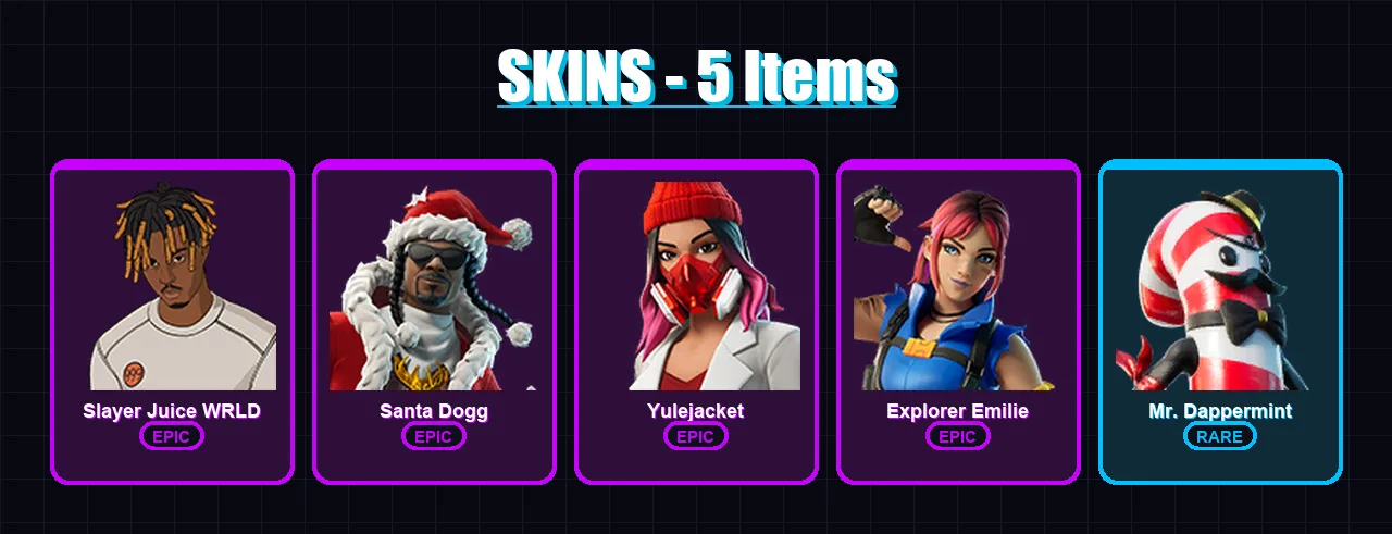 [PC/XBOX] | Slayer Juice WRLD | Santa Dogg | Yulejacket | Explorer Emilie | Mr. Dappermint | 5 skin | 16 pickaxe | 8 emote | 12 glider | Lv444