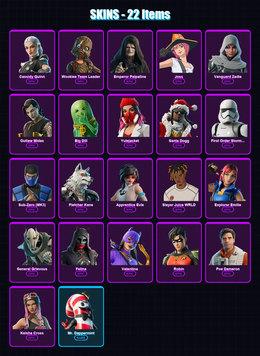 [PC/XBOX/PSN] | Cassidy Quinn | Wookiee Team Leader | Emperor Palpatine | Joss | Vanguard Zadie | 22 skin | 50 pickaxe | 26 emote | 36 glider | Lv62